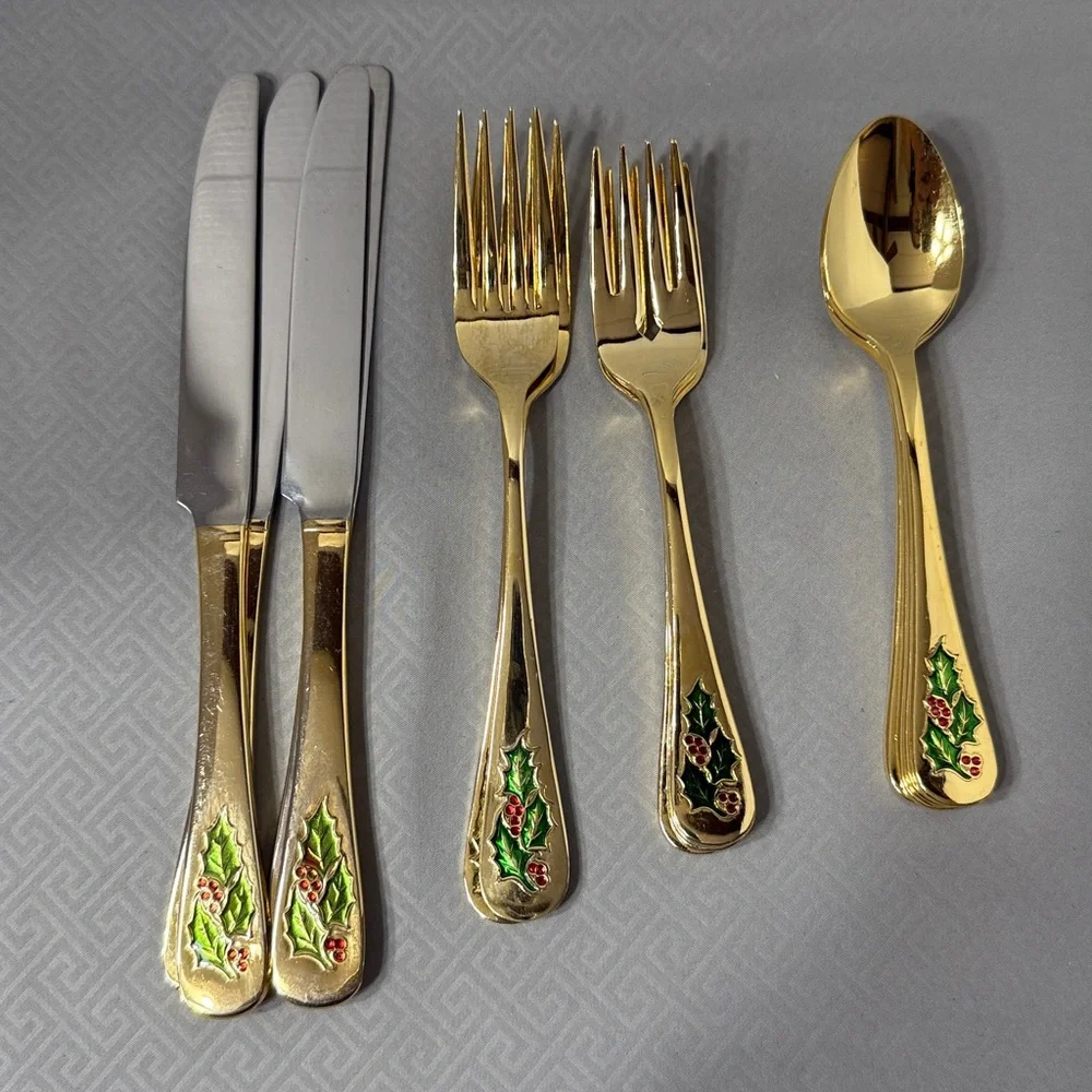 Holly Berry Gold Tone Stainless Steel Flatware 14 Pc Retired Pattern Japan